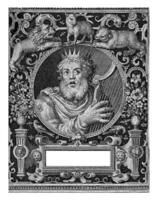 Portrait of King David in medallion inside rectangular frame with ornaments, Nicolaes de Bruyn, 1594 photo