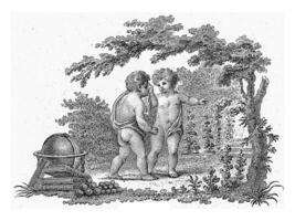 Forest view with two putti near a globe and books, Reinier Vinkeles I, 1751 - 1816 photo