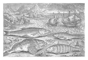 Four fish on the beach, Adriaen Collaert, 1627 - 1636 photo