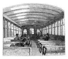 American railway carriage interior, vintage engraving. photo