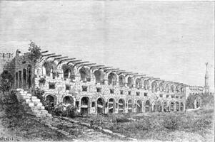 Ruins of the barracks of the Knights of Rhodes, vintage engraving. photo