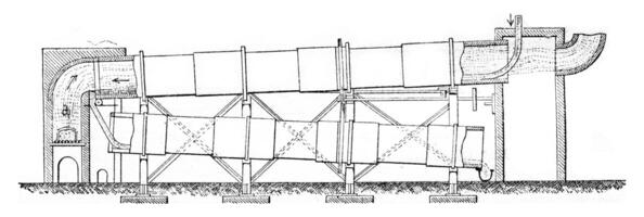 Manufacture of alumina, Rotary kiln for the calcination of bauxite, vintage engraving. photo