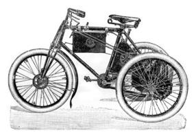 Automotive tricycle, vintage engraving. photo