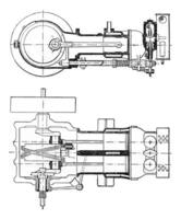 Horizontal engine with two cylinders placed side by side, vintage engraving. photo