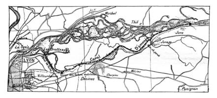 general mapa Jonage canal, Clásico grabado. foto