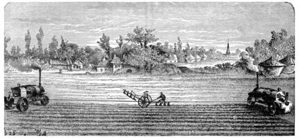 Steam Ploughing, vintage engraving. photo