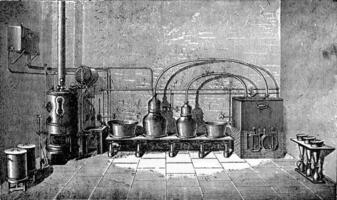 Overview of a medium-sized factory liqueurs, vintage engraving. photo