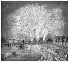 fuegos artificiales monitor tira en el río jábega, agosto 29, 1739, Clásico grabado. foto
