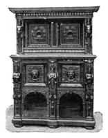 Carved walnut cabinet, vintage engraving. photo