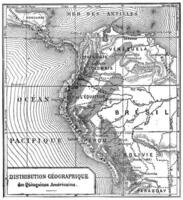 geográfico distribución de quinina americanos, Clásico grabado. foto