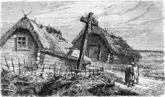 Cross at the entrance of a Lithuanian village, vintage engraving. photo