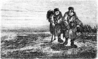 Two peasants on the road near Tauroggen, vintage engraving. photo