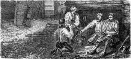 Dining carpenters at Dorpat, vintage engraving. photo