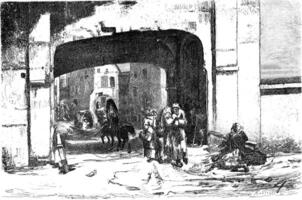 One of the gates of the port, the Sandpforte door Sable, vintage engraving. photo