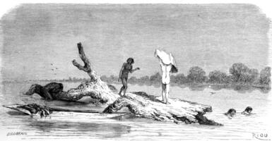 A bath in the middle of river, vintage engraving. photo