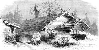 House hut in the north of Russia, vintage engraving. photo