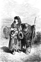 A centennial and her granddaughter beggar in Berja, vintage engraving. photo