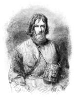 Pilgrim beggar, vintage engraving. photo