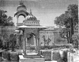 Gardens of the island of Jag Niwas, Udaipur, vintage engraving photo