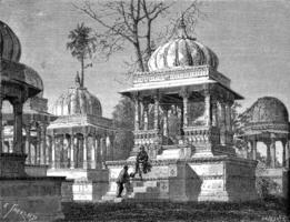 Tombs of the Kings at Maha Sati Ahar, in Udaipur, vintage engraving photo