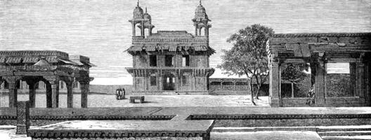 Diwan-i-Khas and court Pachisi to Fatehpur Sikri, vintage engraving. photo