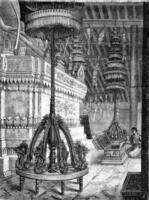 Umbrellas storey pagoda inside Laos, vintage engraving. photo