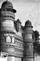 Side facade of the palace Pal, Gwalior, vintage engraving. photo