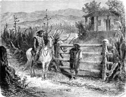 A farm in cold land, vintage engraving. photo