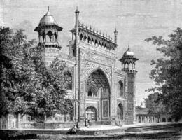 Door gardens of the Taj Mahal, Agra, vintage engraving. photo