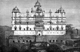 The palace of Bir Singh Deo in Duttiah, vintage engraving. photo