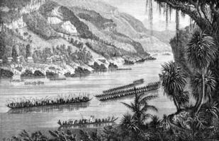 Boat race on the Mekong, vintage engraving. photo