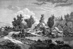 Chinese Bridge in Muang Long, vintage engraving. photo