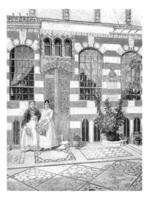 Two Women in a House in Acre, Israel, vintage engraving photo