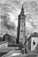 The Leaning Tower Torrenueva in Zaragoza, vintage engraving. photo