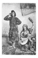 Mesopotamian Dancer and Musicians from Acre, Israel, vintage engraving photo