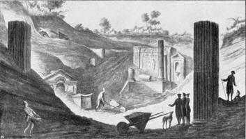 Excavations discovering the Temple of Isis in Pompei, vintage engraving. photo