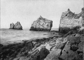 agujas en el isla de Criatura, Clásico grabado. foto