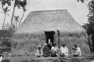 Budding hut of natives of Hawaii, vintage engraving. photo