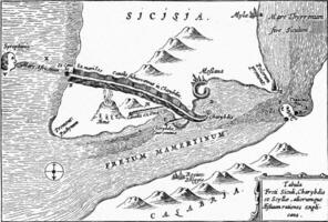 caribdis y Scylla en el estrecho de mesina, Clásico grabado. foto