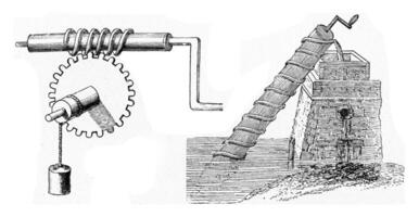 el inventor de el ardiente espejo, el tornillo de agua, el gusano, Clásico grabado. foto