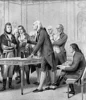 Alexandre Volta explains to Napoleon Bonaparte First Consul, the principle of his electric battery, vintage engraving. photo