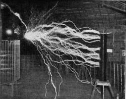 High voltage discharge in the Tesla test station, vintage engraving. photo