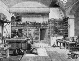 faraday en su laboratorio a el real institución en Londres, Clásico grabado. foto