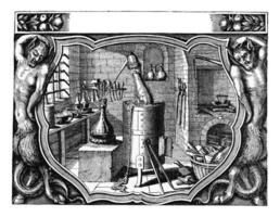 químico laboratorio de michel kusel en 1663, Clásico grabado. foto