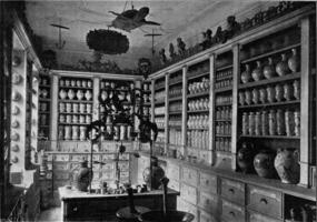 instalación de un antiguo farmacia en el nacional germánico museo de Núremberg, Clásico grabado. foto