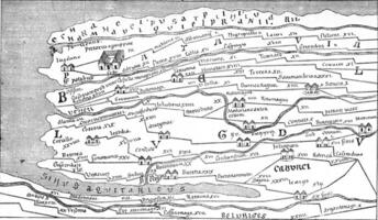 fragmento de el peutinger mapa, Clásico grabado. foto