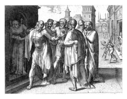 At the door of his house, Lot tries to calm the men of Sodom. The men ask him to let his guests out so they can take them. One of the angels pulls in Lot. photo