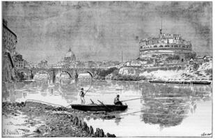 A beautiful view of the ancient Adrian Mole, today known as St. Angel Castle in Rome vintage engraving photo