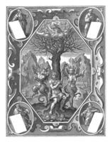 A young man is chained to a tree by two devils, Cornelis Galle I, after Maerten de Vos, c. 1610 - in or after 1635 photo