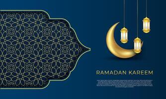 moderno lujo islámico Ramadán kareem con ornamento modelo Luna y diseño de linterna en azul antecedentes antecedentes vector